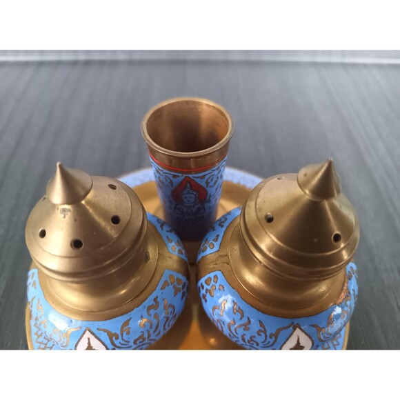 Brass Salt Pepper Shaker Toothpick Holder Tray Etched And Decorated With Enamel - Picture 7 of 10